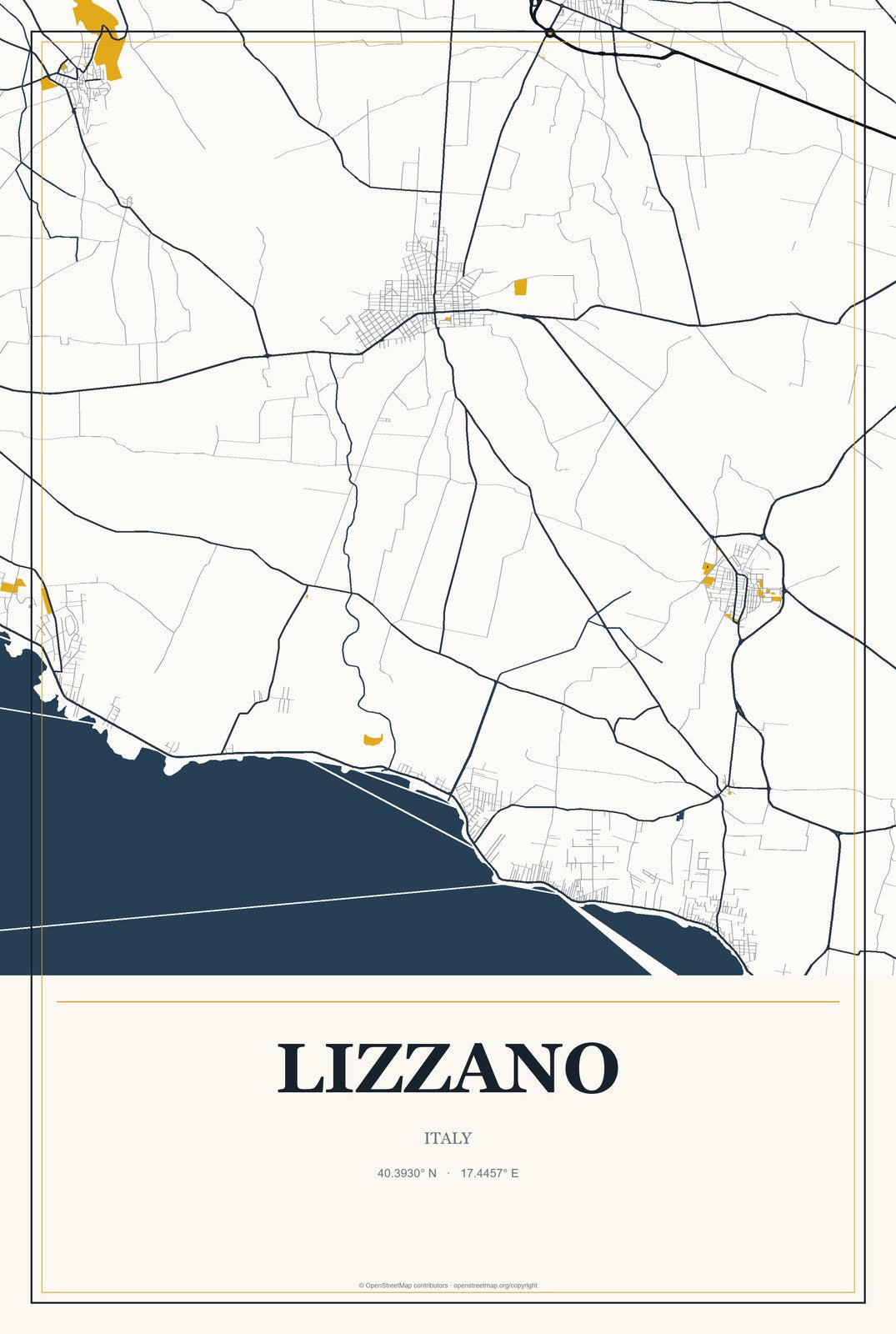 Lizzano, Italy City Map Aluminum Sign in Citrine Modern style