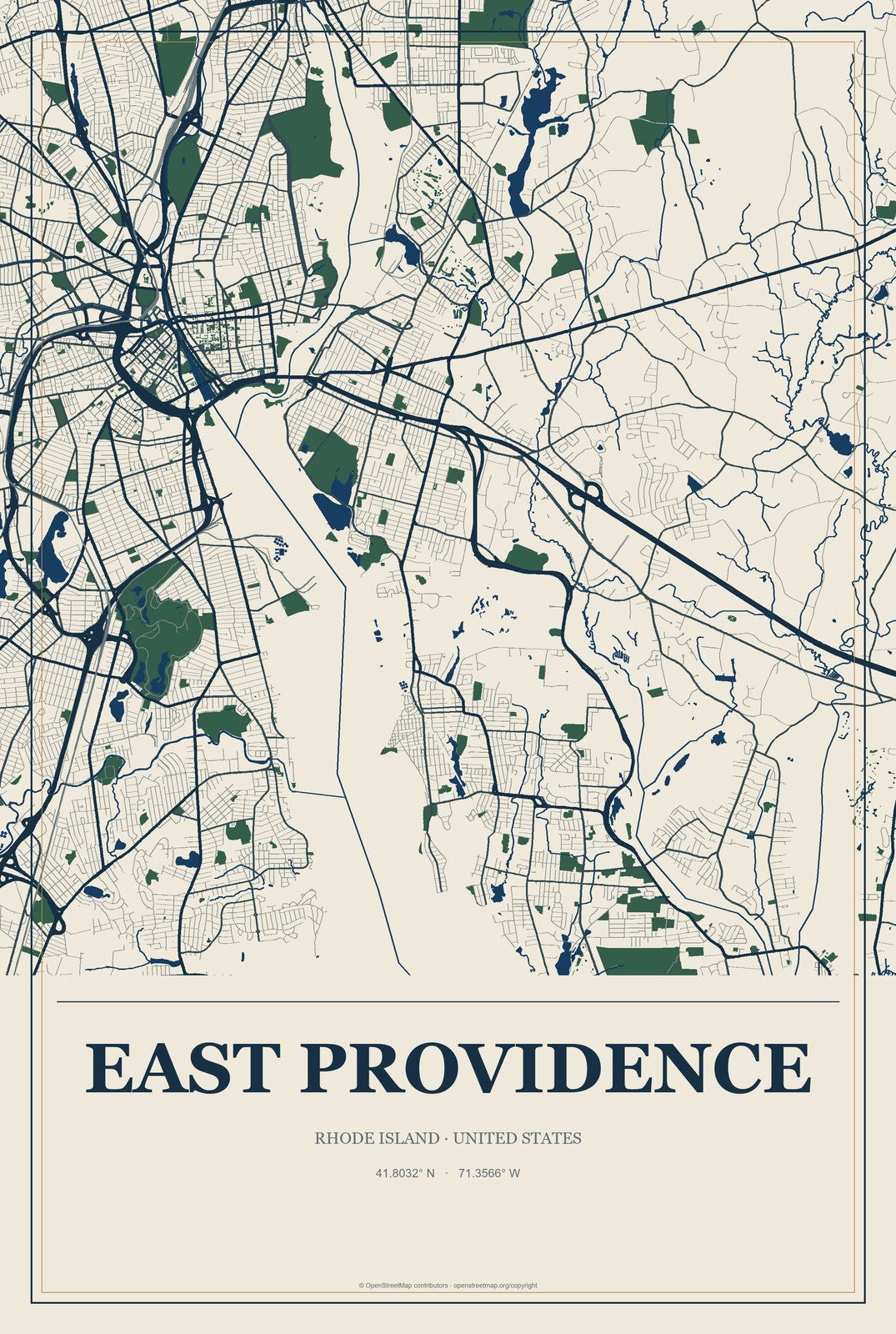 East Providence, Rhode Island City Map Aluminum Sign in Coastal Cutout style