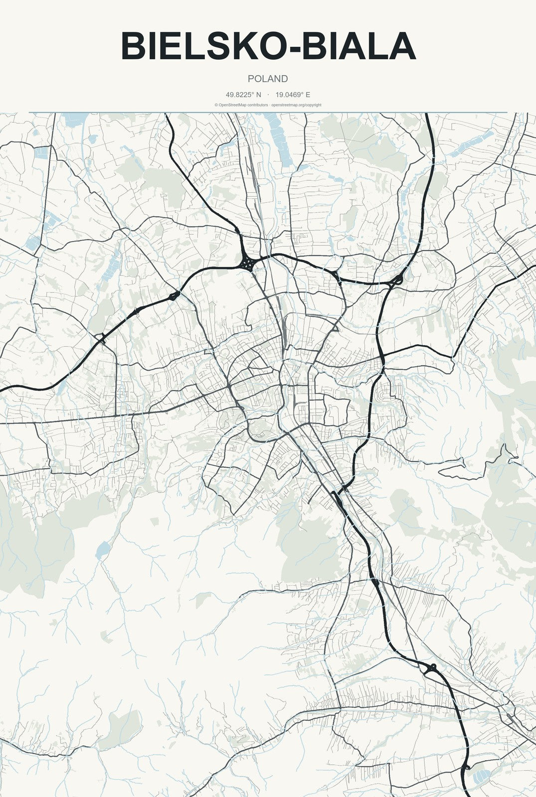 Bielsko-Biala, Poland City Map Aluminum Sign in Headline Atlas style