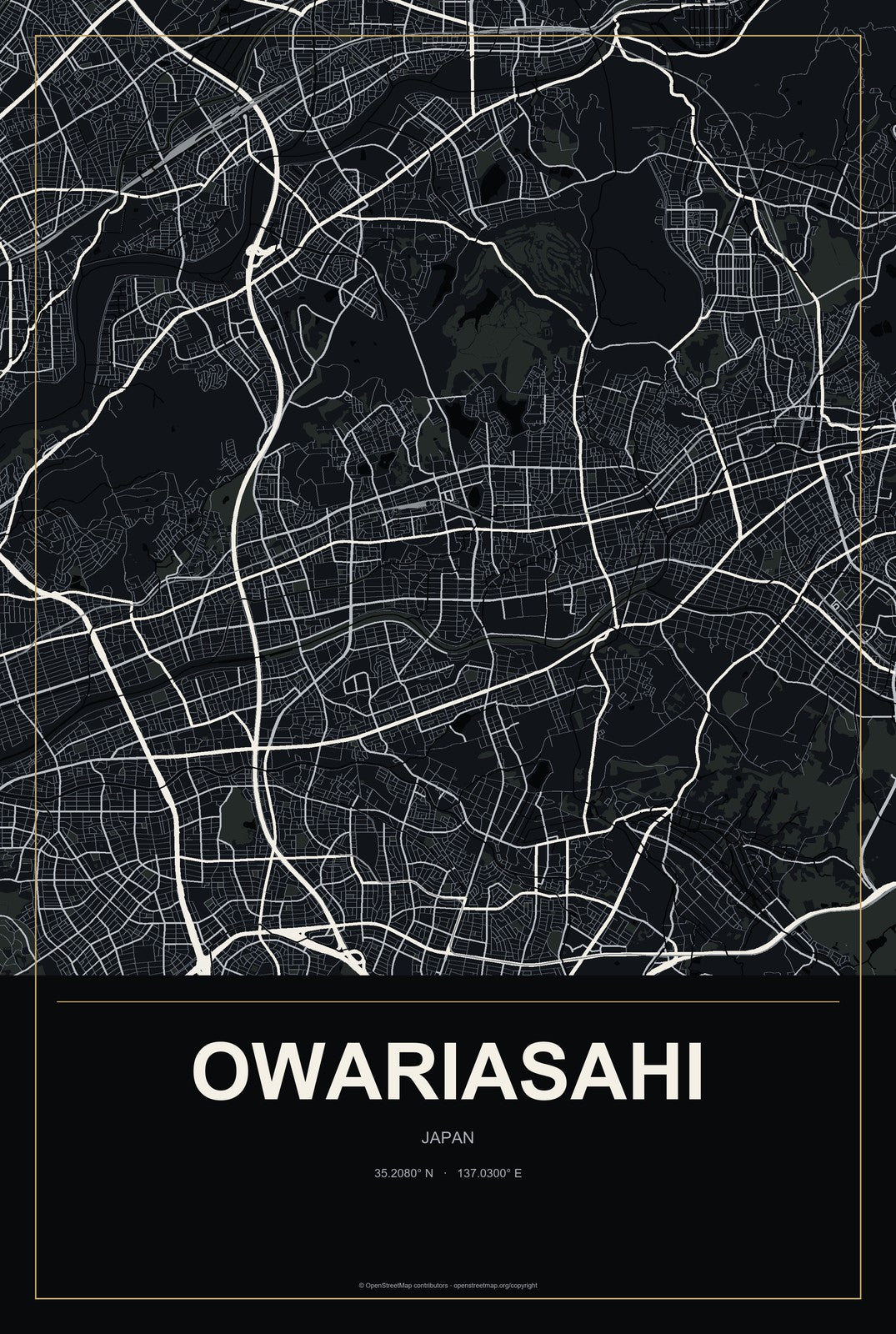 Owariasahi, Japan City Map Aluminum Sign in Metropolitan Noir style