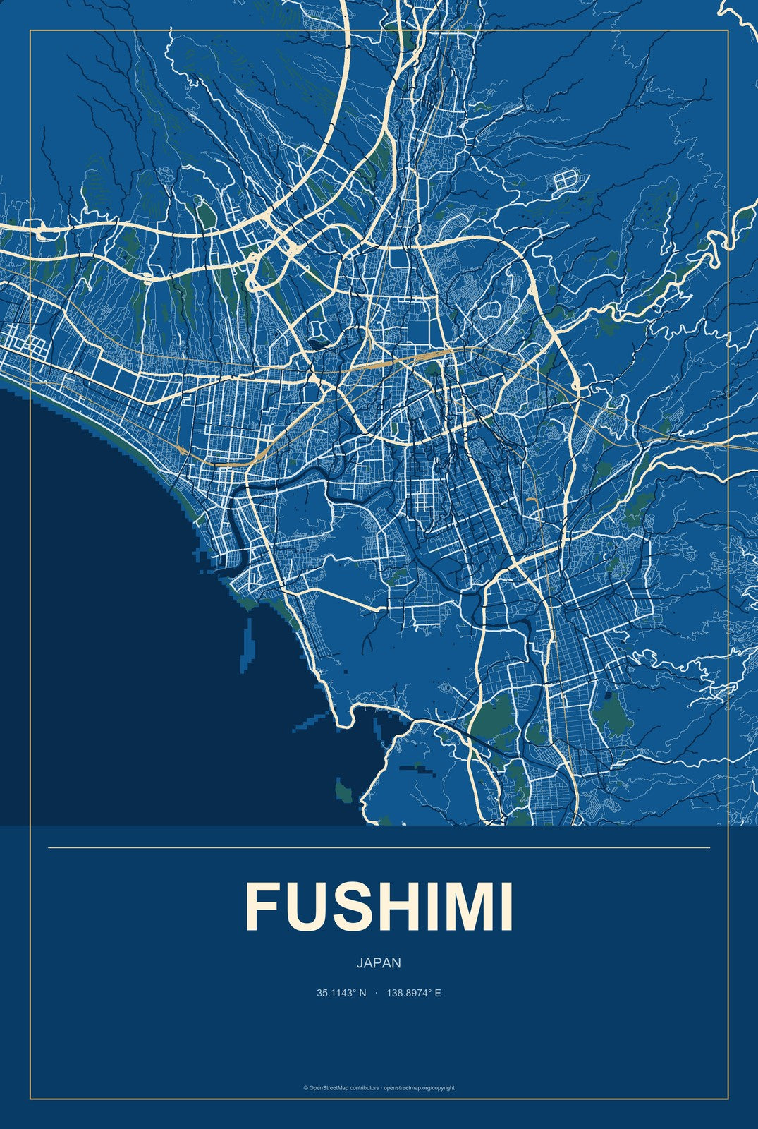 Fushimi, Japan City Map Aluminum Sign in Harbor Cobalt style