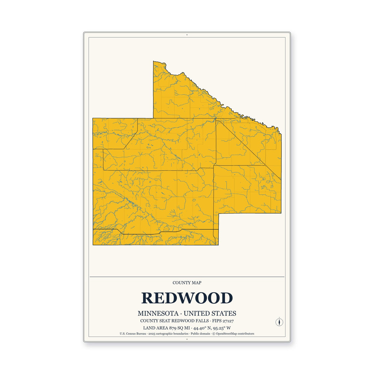 Redwood County, Minnesota Map Aluminum Sign in Citrine Modern style