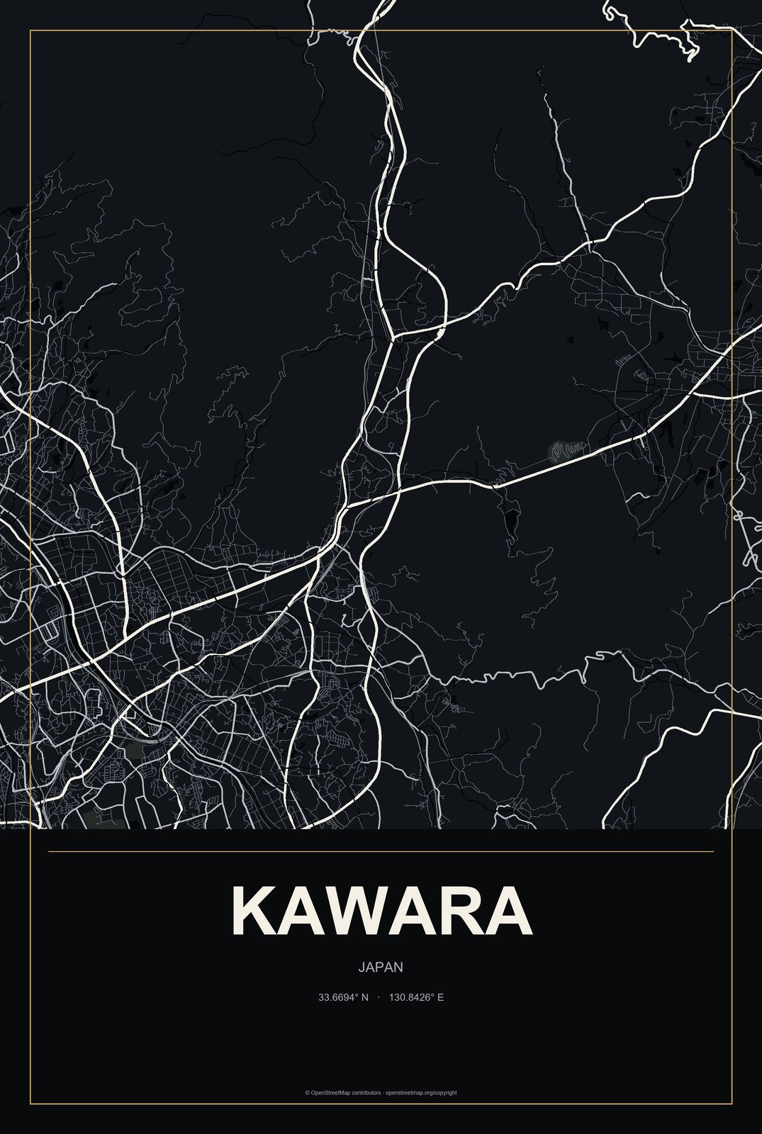 Kawara, Japan City Map Aluminum Sign in Metropolitan Noir style