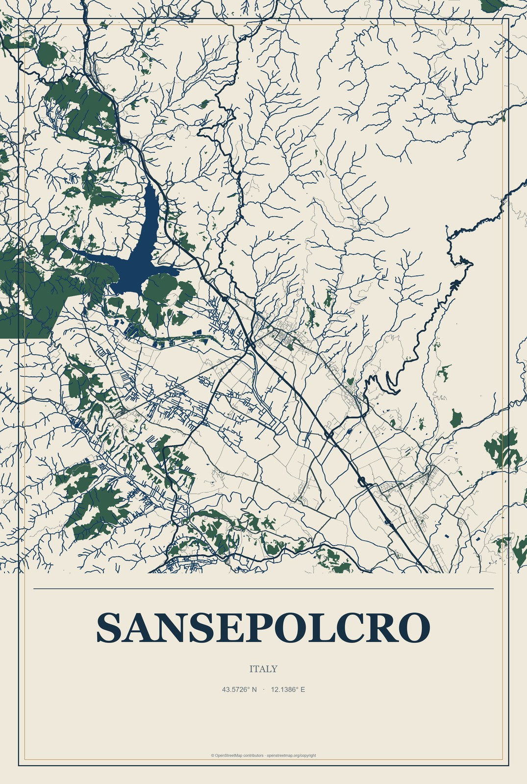 Sansepolcro, Italy City Map Aluminum Sign in Coastal Cutout style