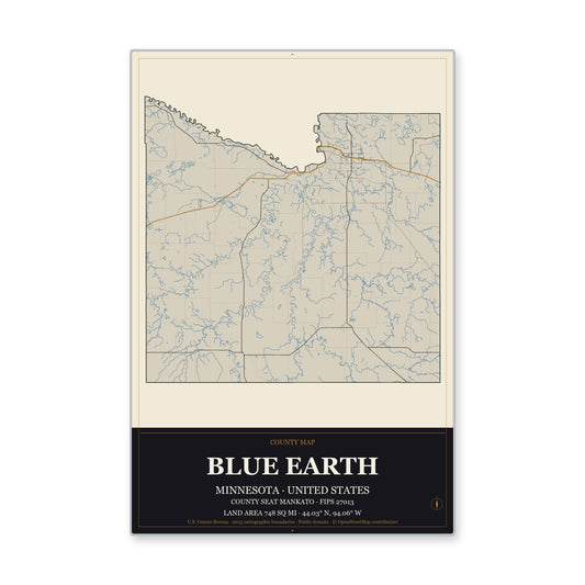 Blue Earth County, Minnesota Map Aluminum Sign in Museum Plaque style