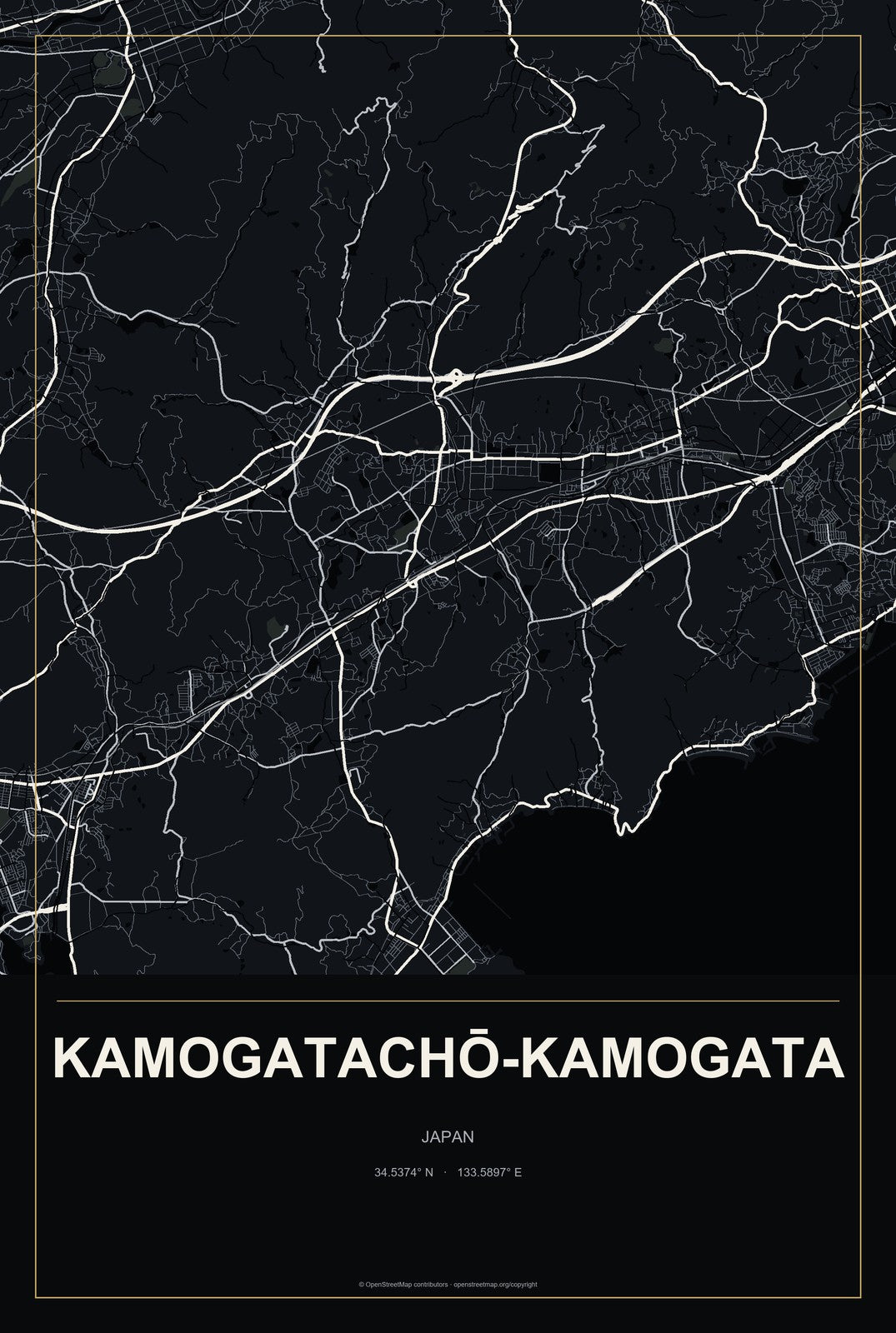 Kamogatachō-kamogata, Japan City Map Aluminum Sign in Metropolitan Noir style