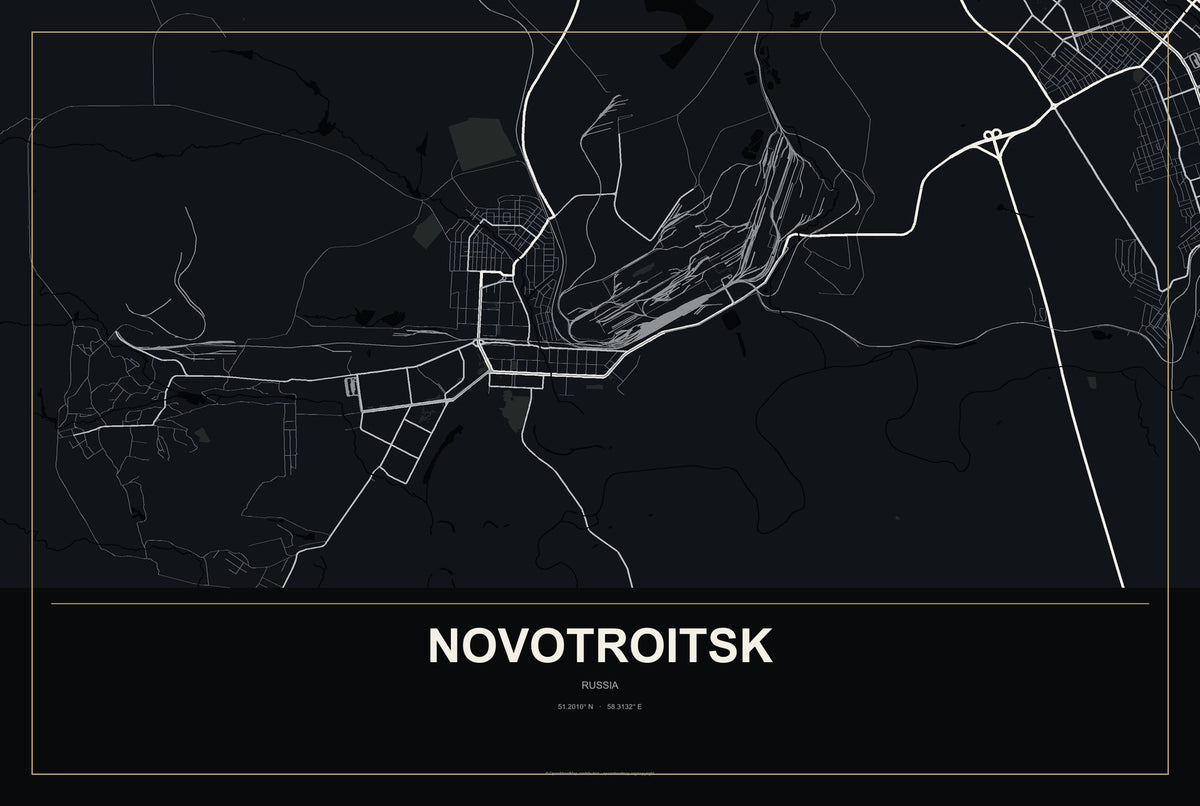 Novotroitsk, Russia City Map Aluminum Sign in Metropolitan Noir style