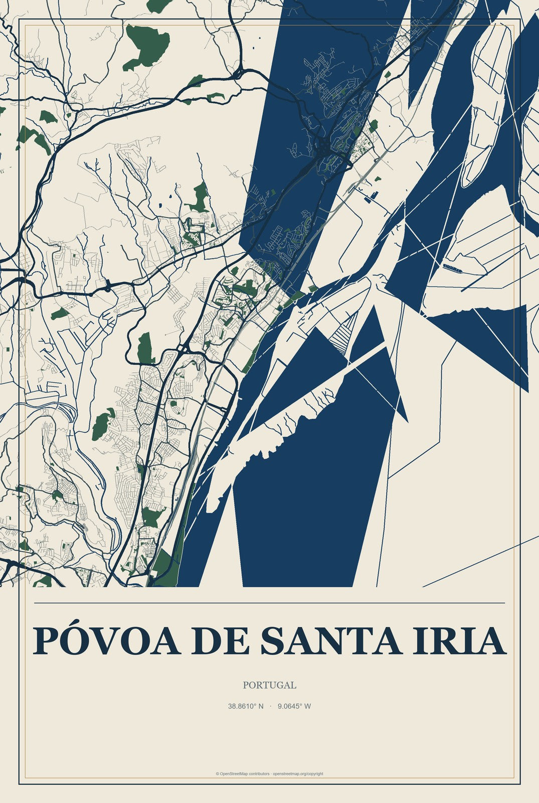 Póvoa de Santa Iria, Portugal City Map Aluminum Sign in Coastal Cutout style