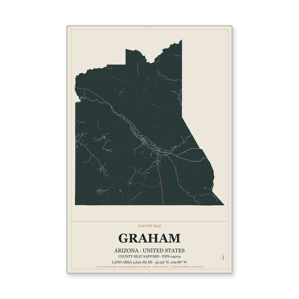 Graham County, Arizona Map Aluminum Sign in Headline Atlas style