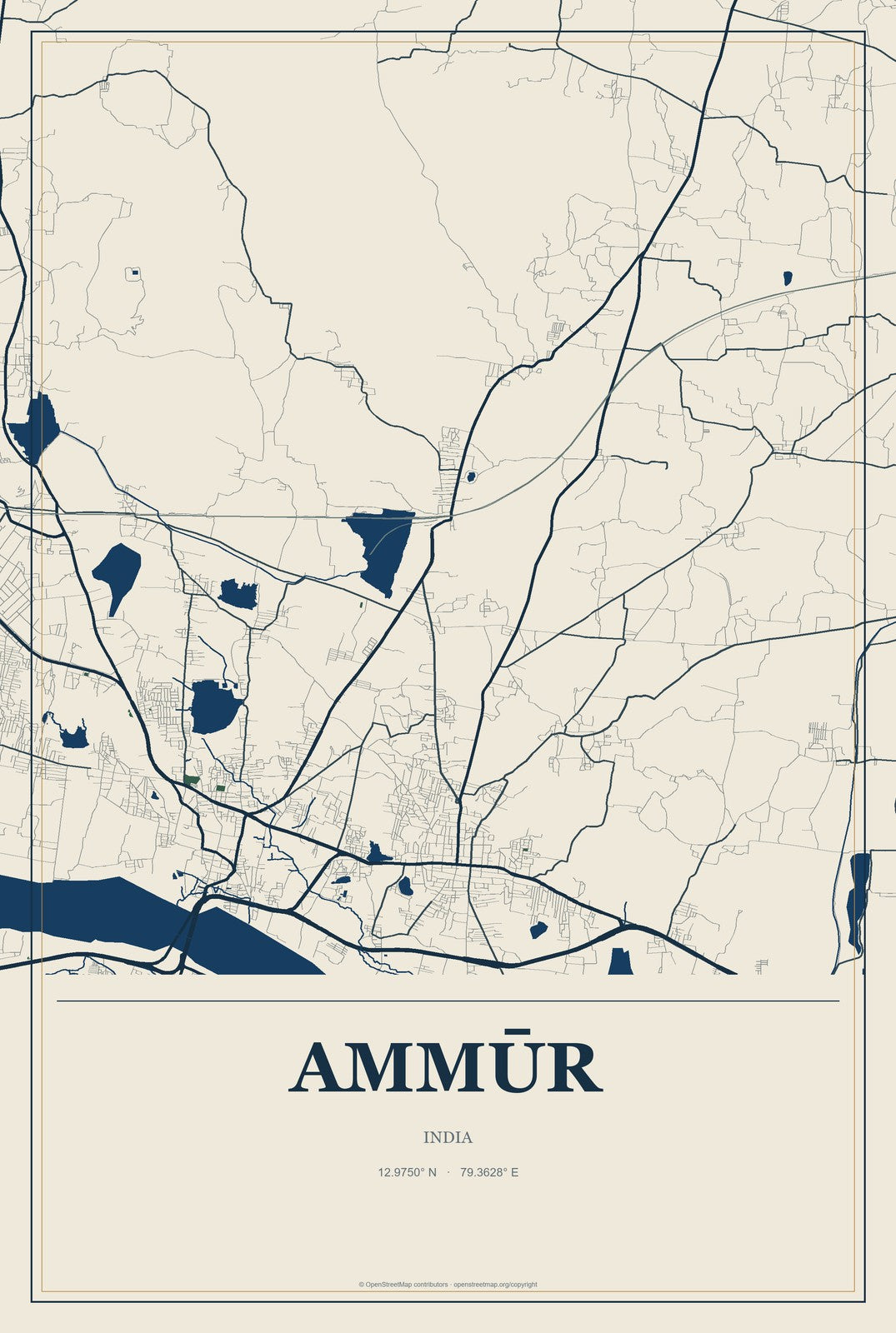 Ammūr, India City Map Aluminum Sign in Coastal Cutout style