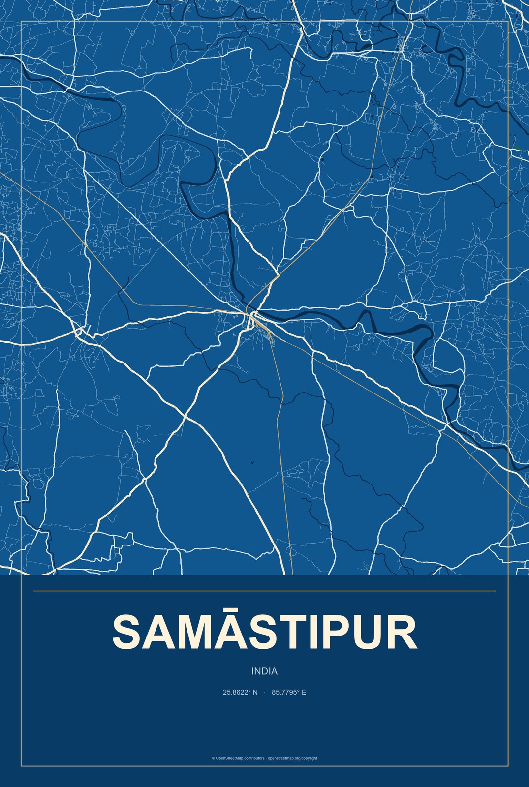 Samāstipur, India City Map Aluminum Sign in Harbor Cobalt style