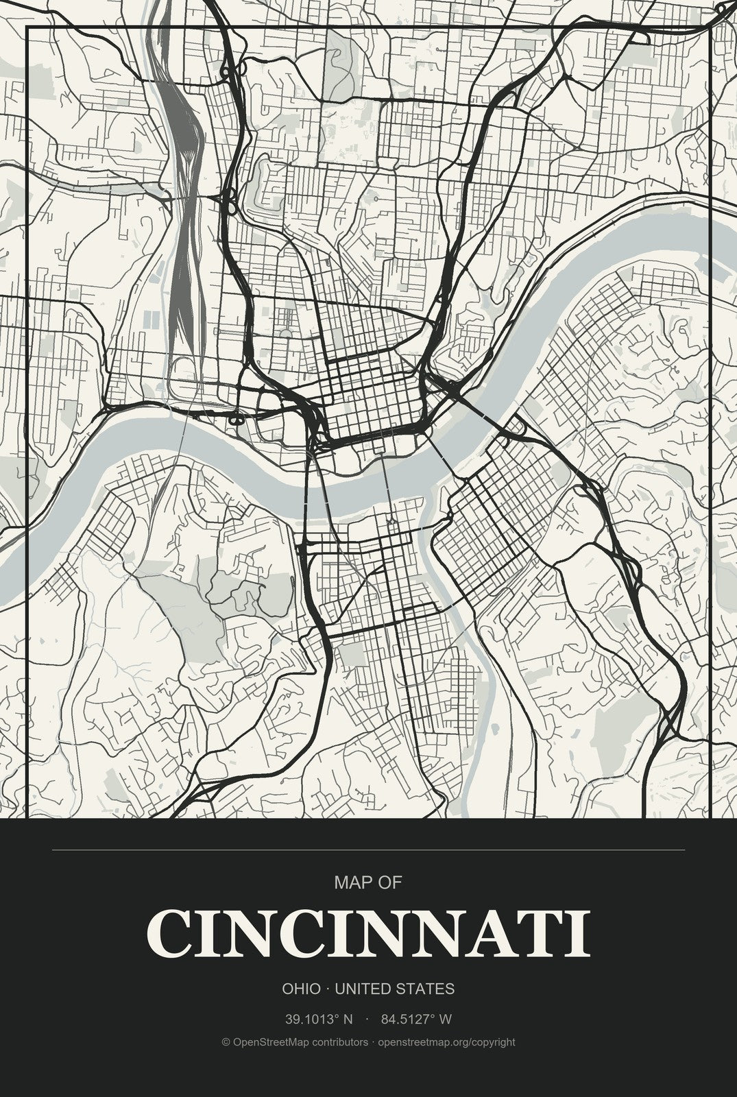 Cincinnati, Ohio City Map Aluminum Sign in Museum Plaque style