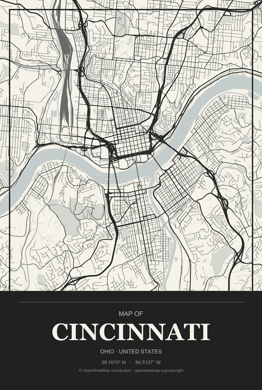 Cincinnati, Ohio City Map Aluminum Sign in Museum Plaque style