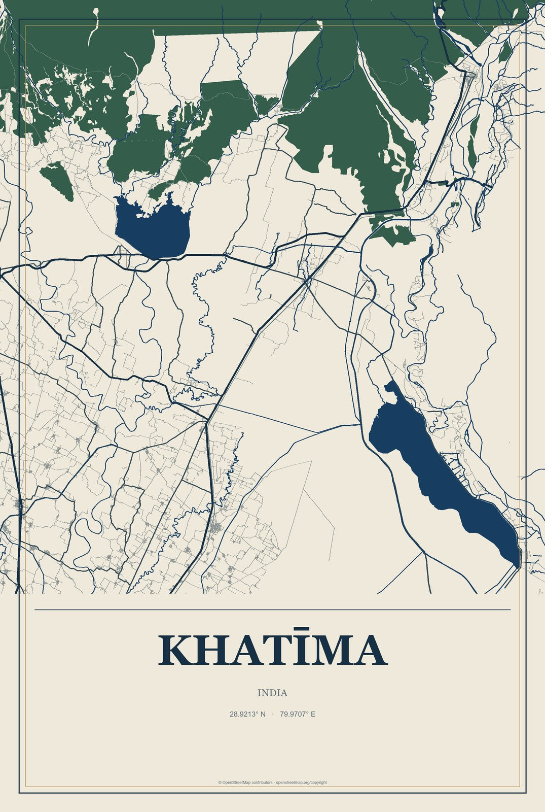 Khatīma, India City Map Aluminum Sign in Coastal Cutout style