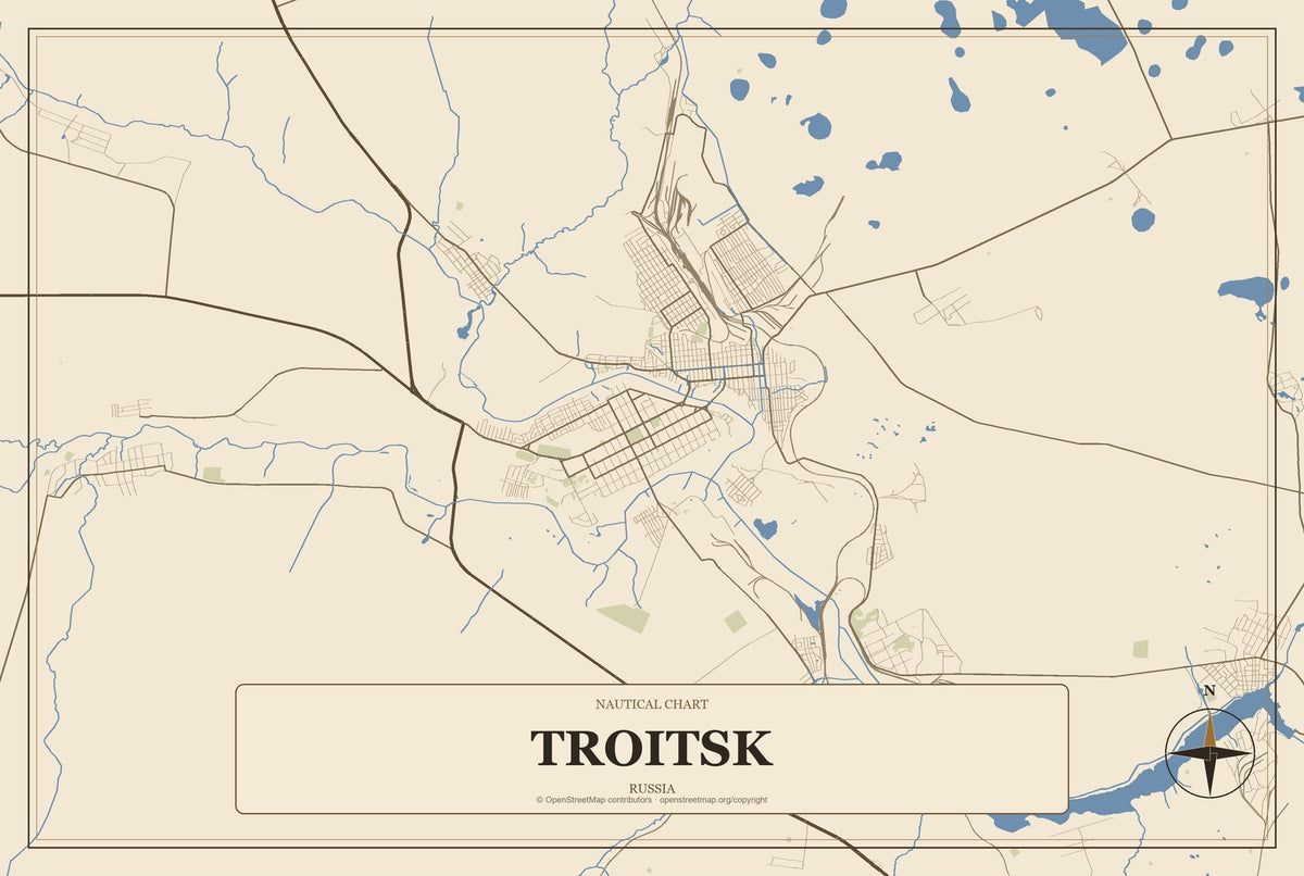 Troitsk, Moscow, Russia City Map Aluminum Sign in Heritage Nautical style