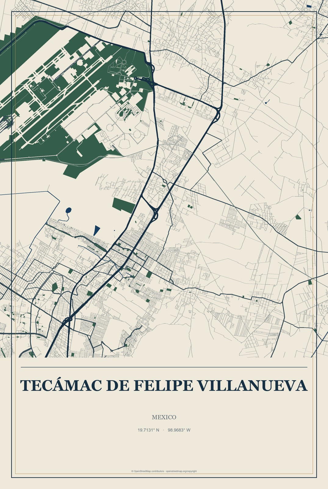 Tecámac de Felipe Villanueva, Mexico City Map Aluminum Sign in Coastal Cutout style