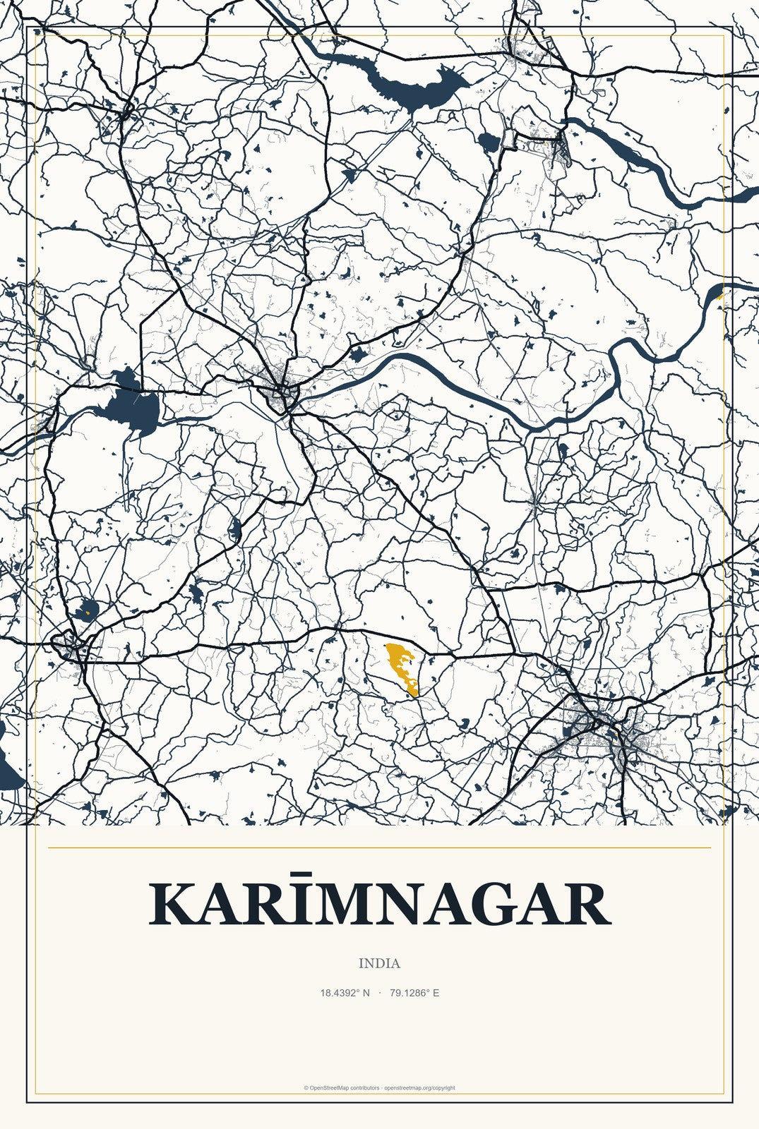 Karīmnagar, India City Map Aluminum Sign in Citrine Modern style