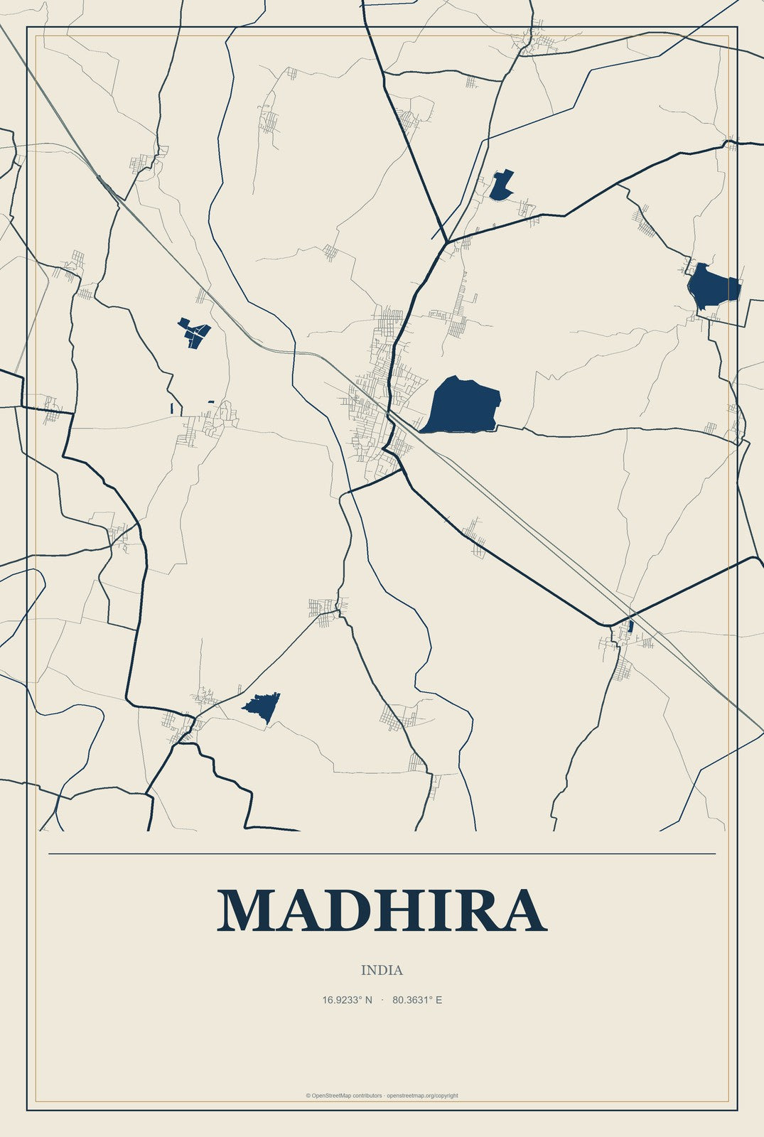 Madhira, India City Map Aluminum Sign in Coastal Cutout style