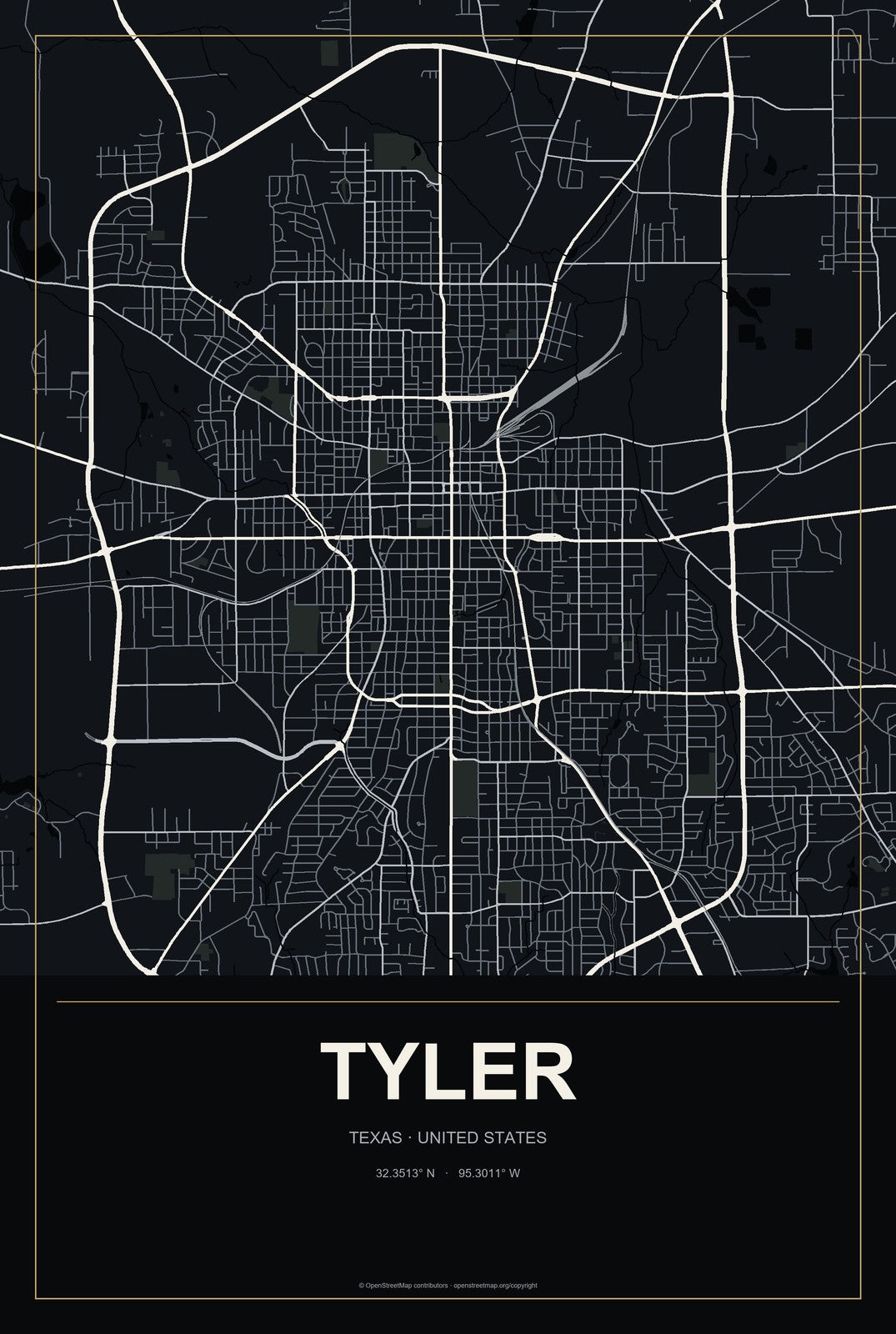 Tyler, Texas City Map Aluminum Sign in Metropolitan Noir style