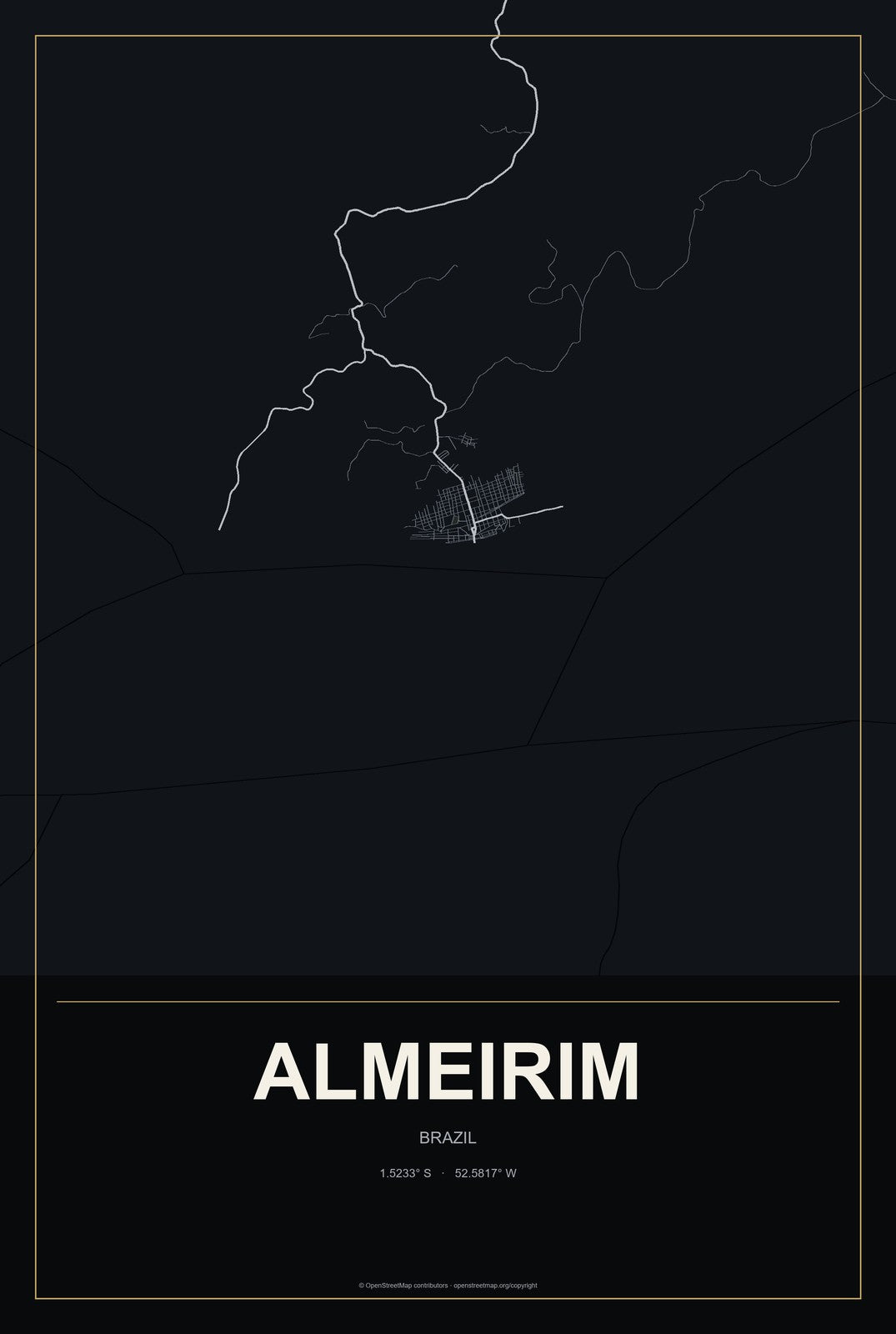 Almeirim, Brazil City Map Aluminum Sign in Metropolitan Noir style