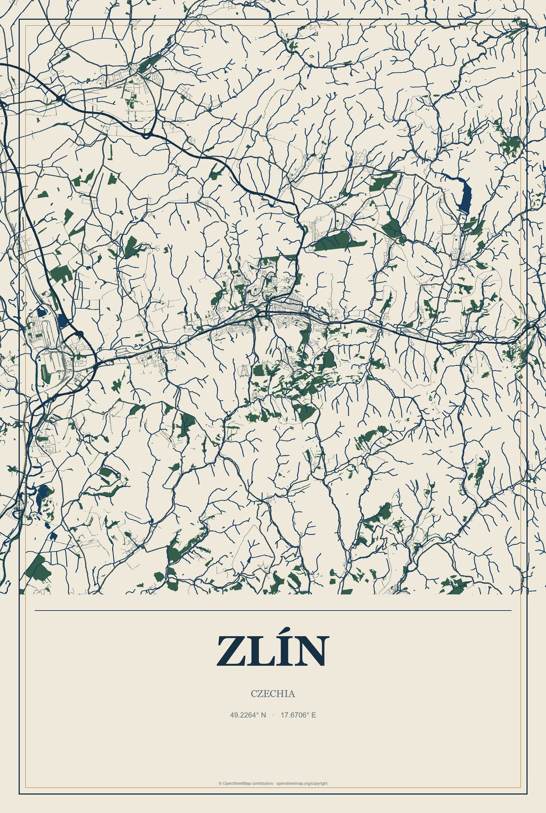Zlín, Czechia City Map Aluminum Sign in Coastal Cutout style