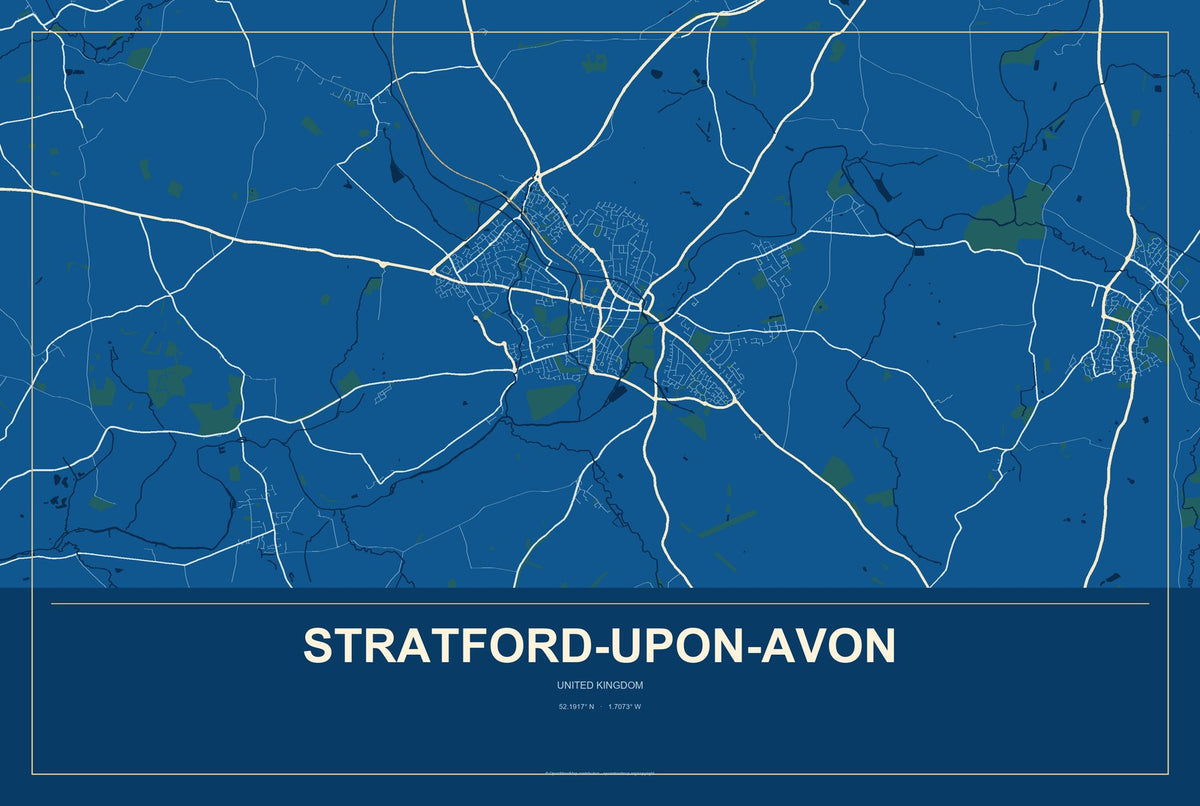 Stratford-upon-Avon, United Kingdom City Map Aluminum Sign in Harbor Cobalt style