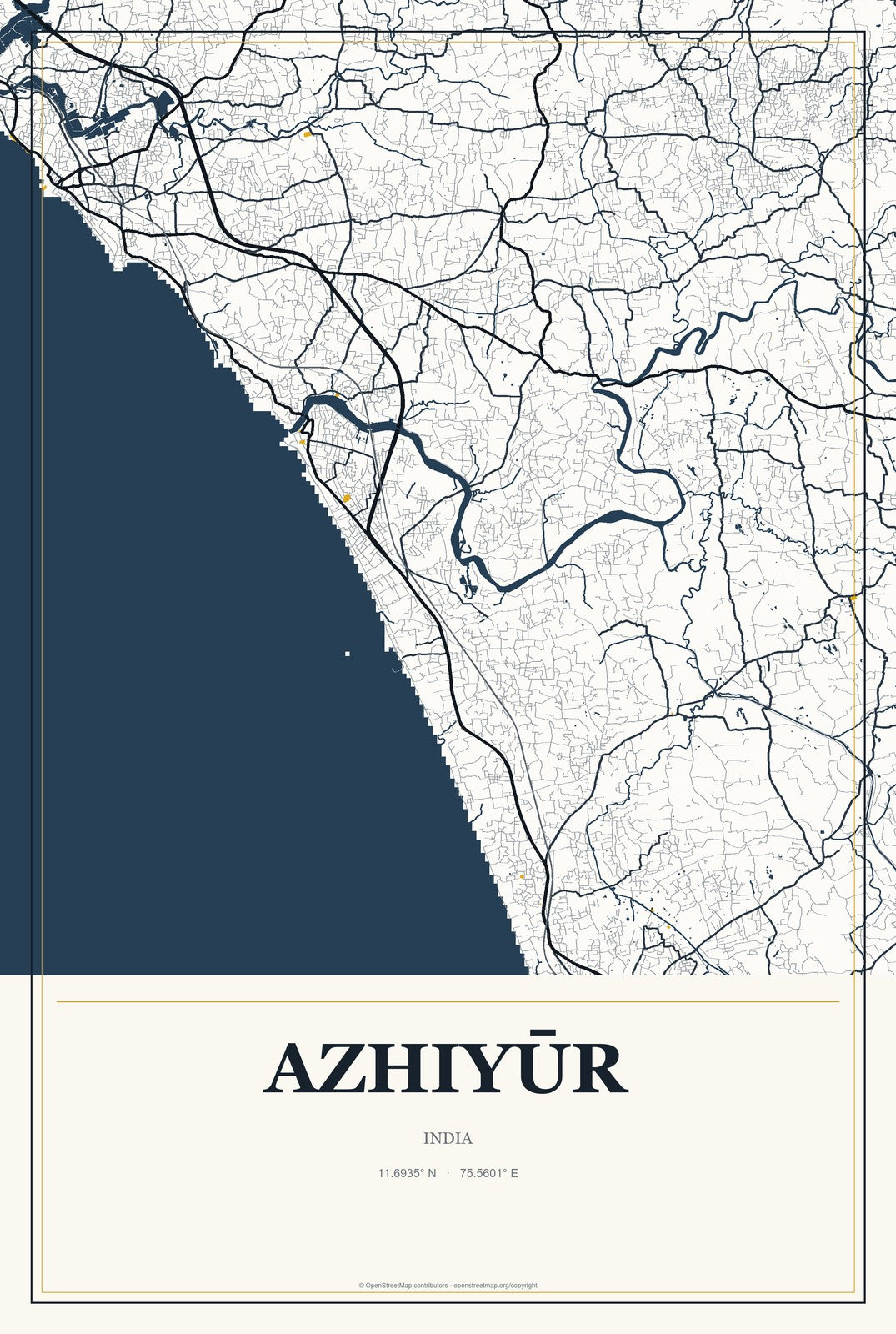 Azhiyūr, India City Map Aluminum Sign in Citrine Modern style