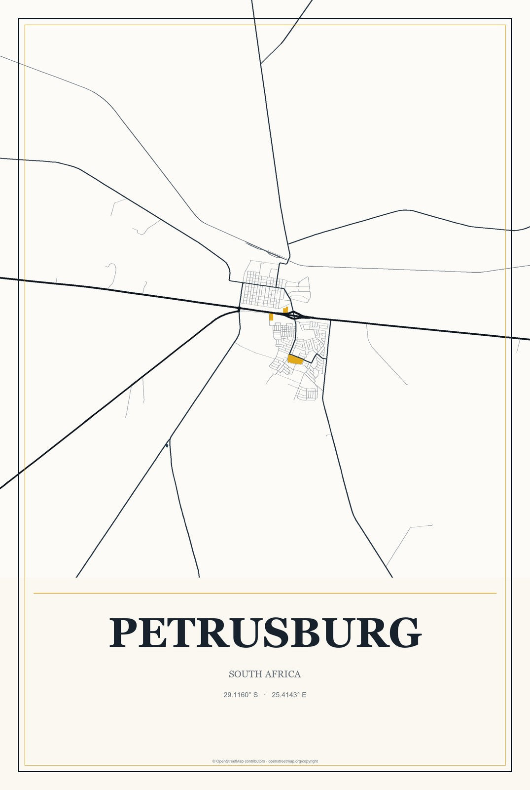 Petrusburg, South Africa City Map Aluminum Sign in Citrine Modern style