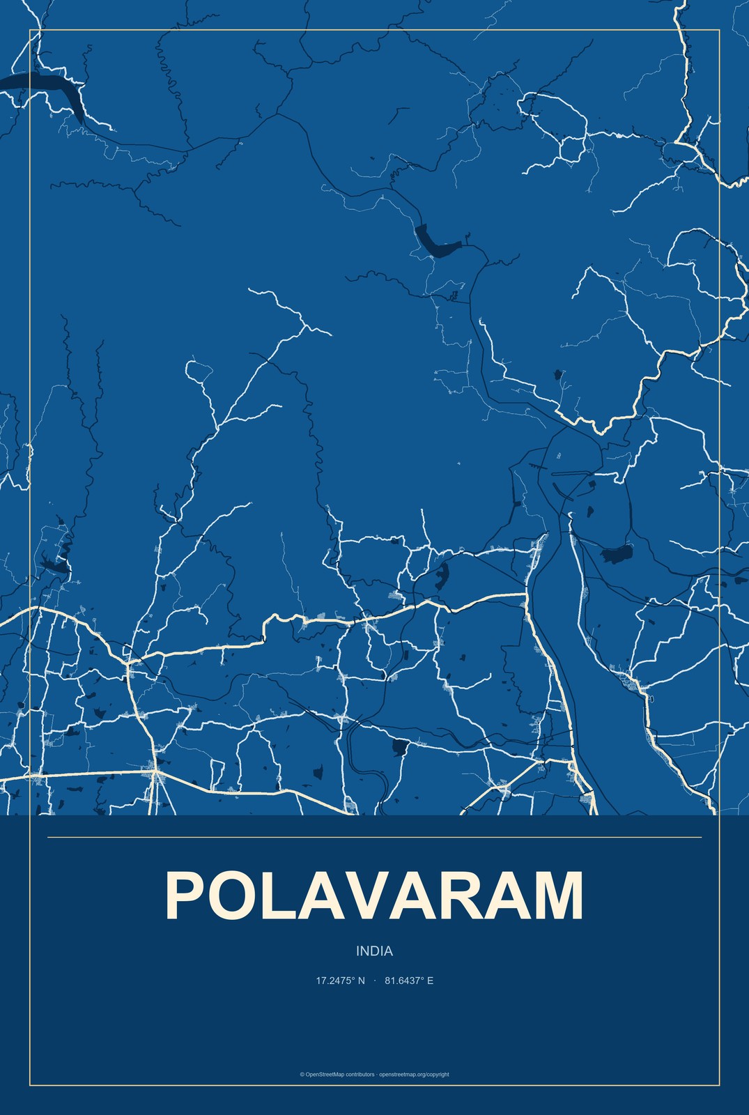 Polavaram, India City Map Aluminum Sign in Harbor Cobalt style