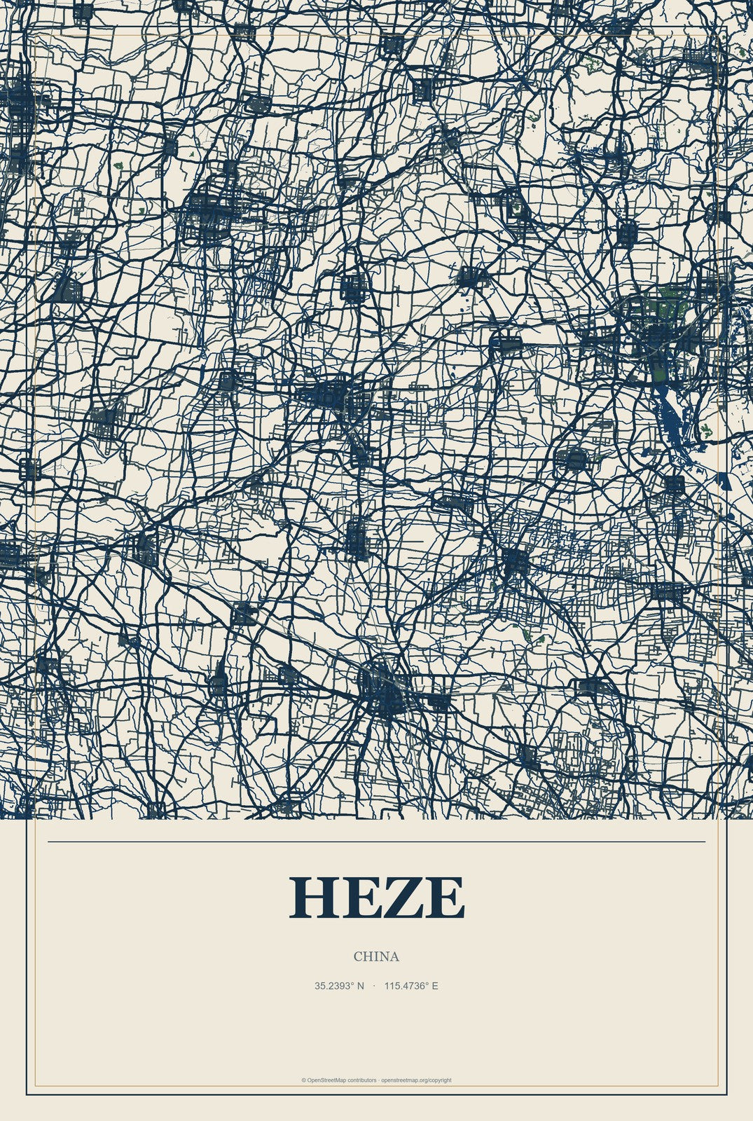Heze, China City Map Aluminum Sign in Coastal Cutout style