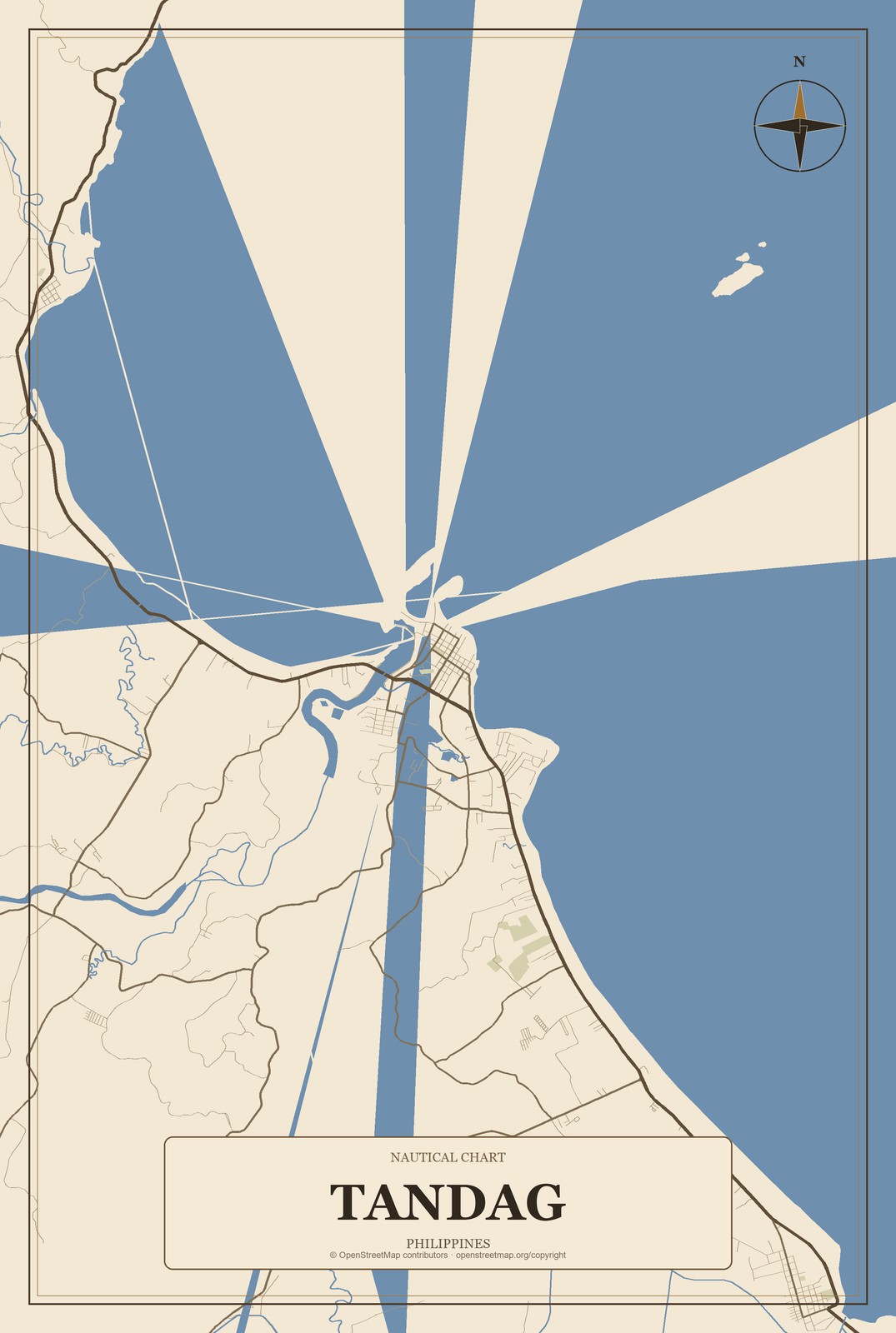 Tandag, Philippines City Map Aluminum Sign in Heritage Nautical style