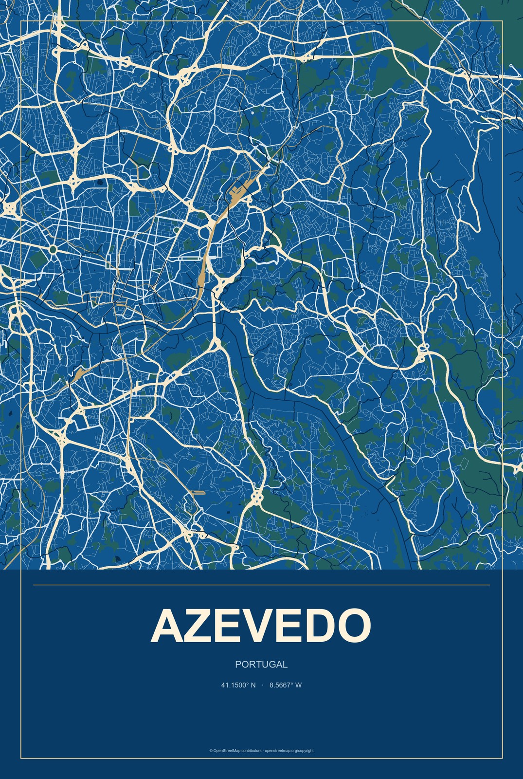 Azevedo, Portugal City Map Aluminum Sign in Harbor Cobalt style