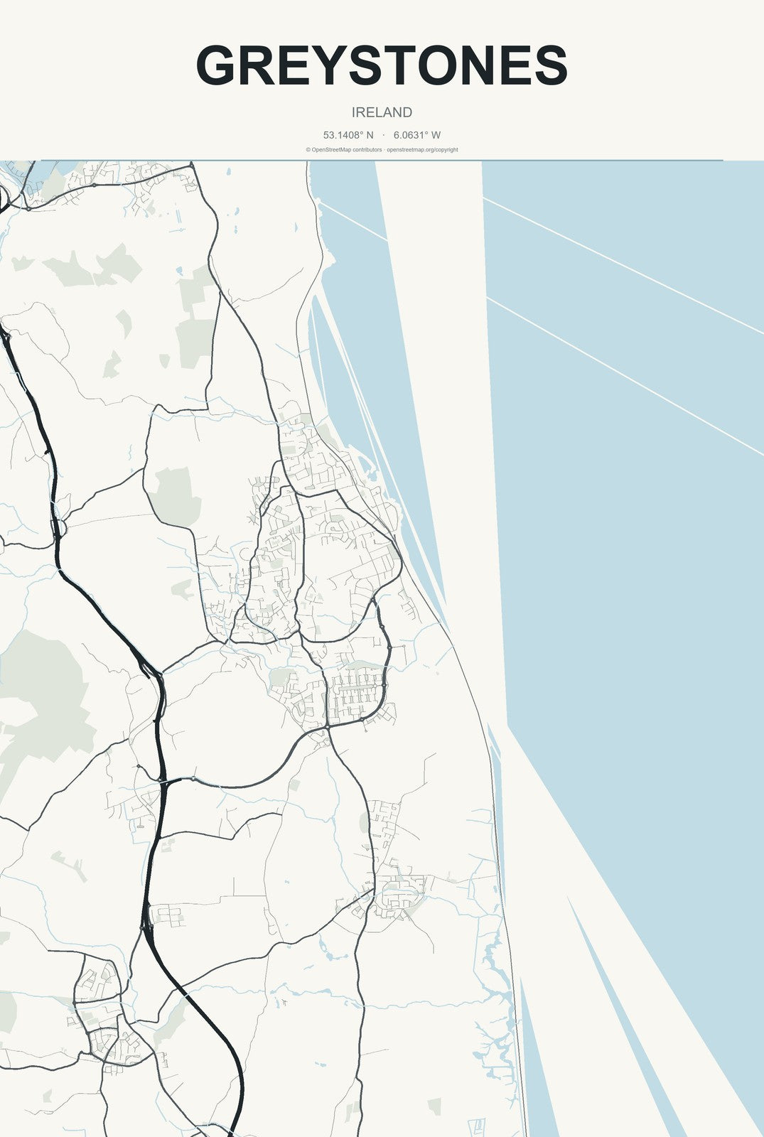 Greystones, Ireland City Map Aluminum Sign in Headline Atlas style