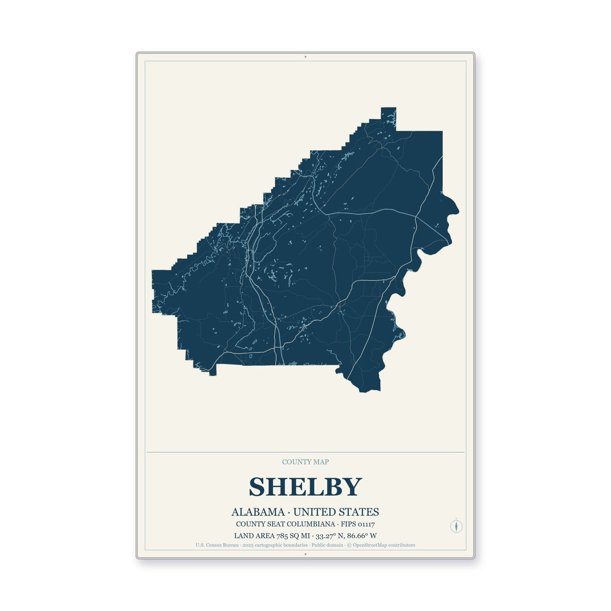 Shelby County, Alabama Map Aluminum Sign in Coastal Cutout style
