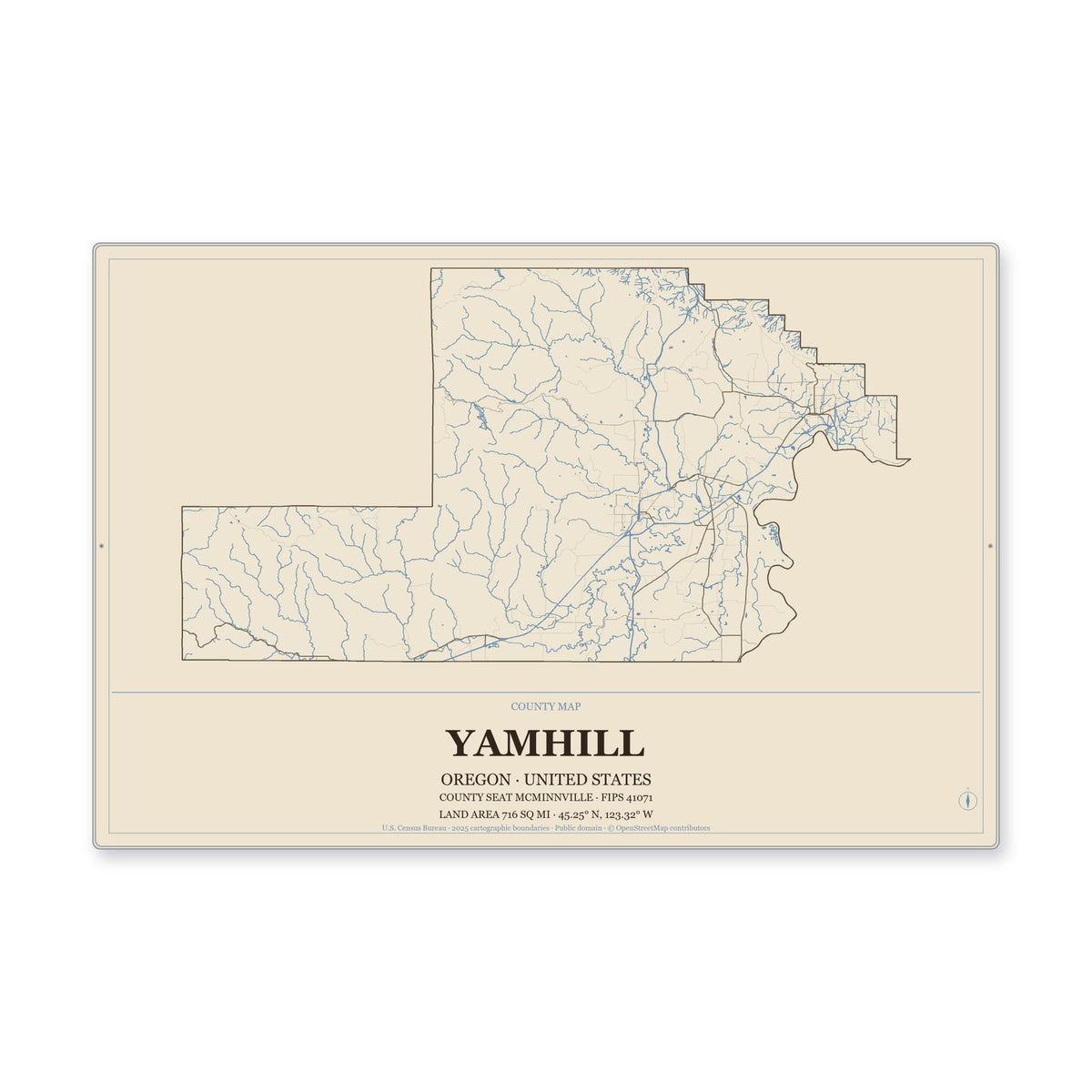 Yamhill County, Oregon Map Aluminum Sign in Heritage Nautical style