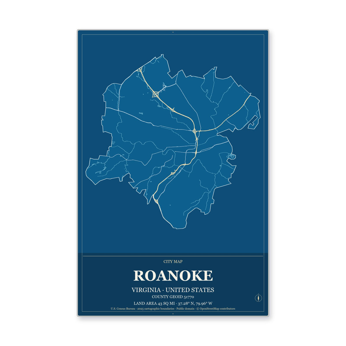 Roanoke city, Virginia Map Aluminum Sign in Harbor Cobalt style