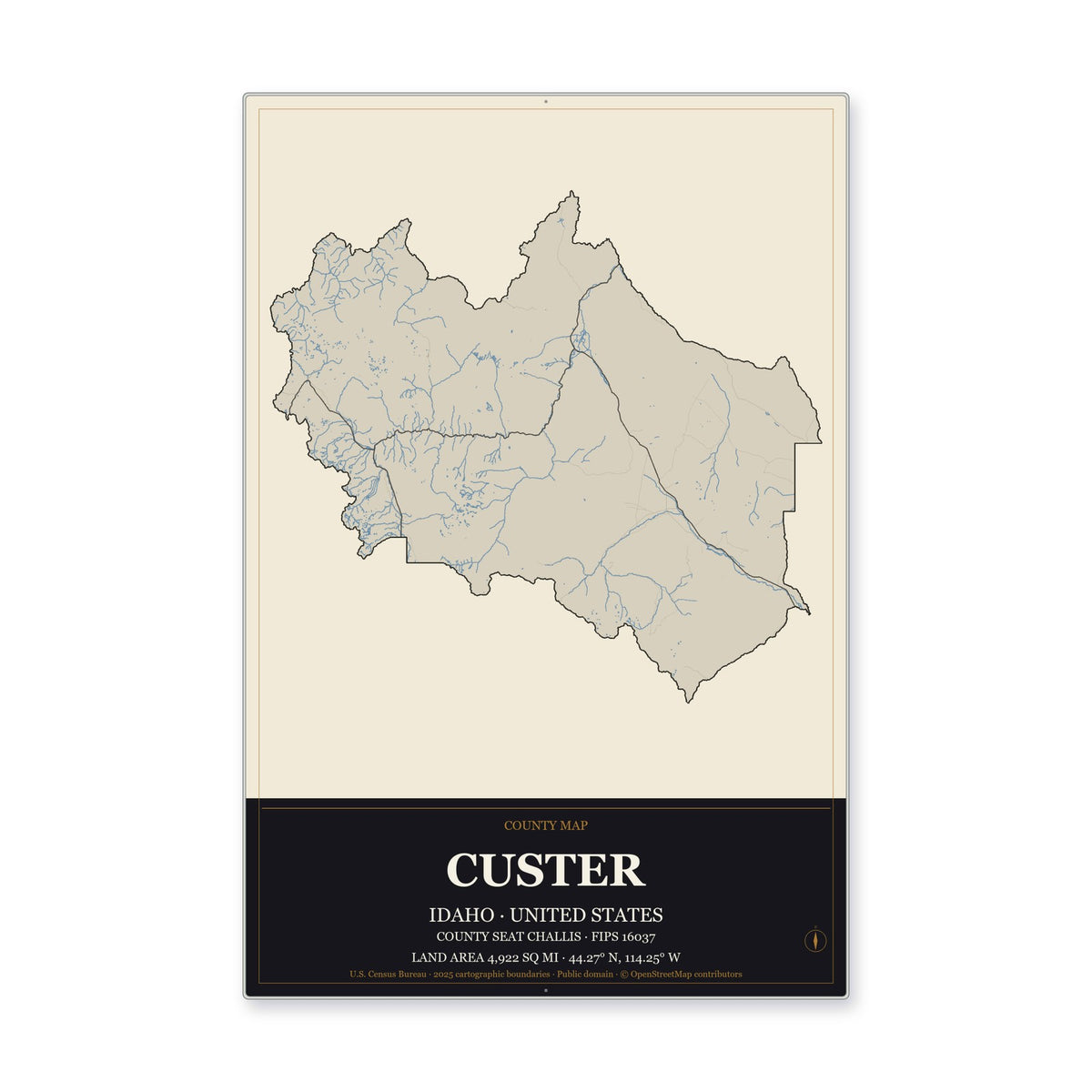 Custer County, Idaho Map Aluminum Sign in Museum Plaque style