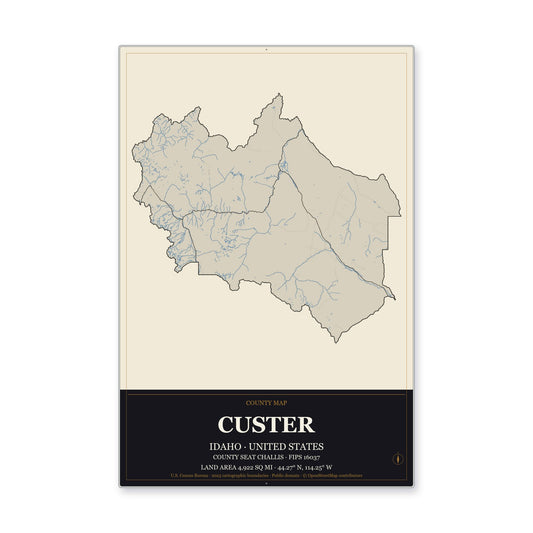 Custer County, Idaho Map Aluminum Sign in Museum Plaque style
