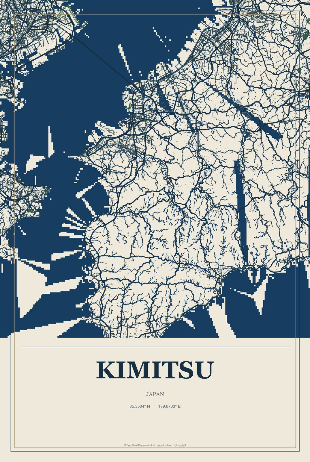 Kimitsu, Japan City Map Aluminum Sign in Coastal Cutout style