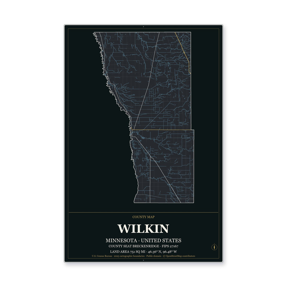 Wilkin County, Minnesota Map Aluminum Sign in Metropolitan Noir style