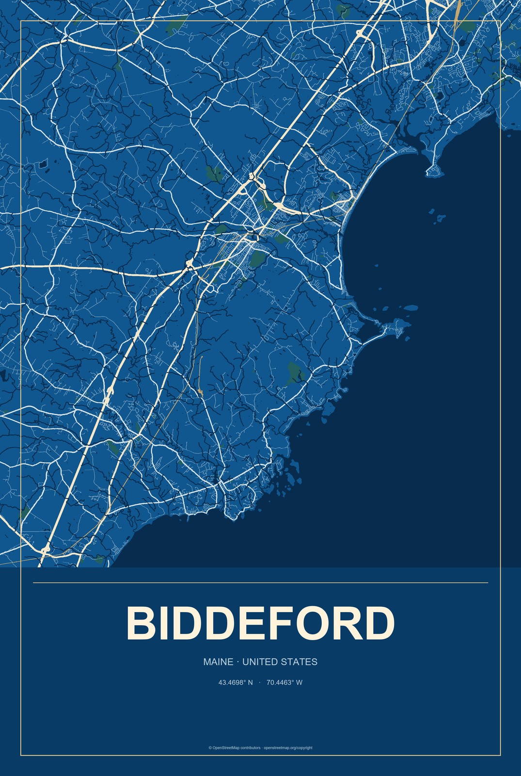 Biddeford, Maine City Map Aluminum Sign in Harbor Cobalt style