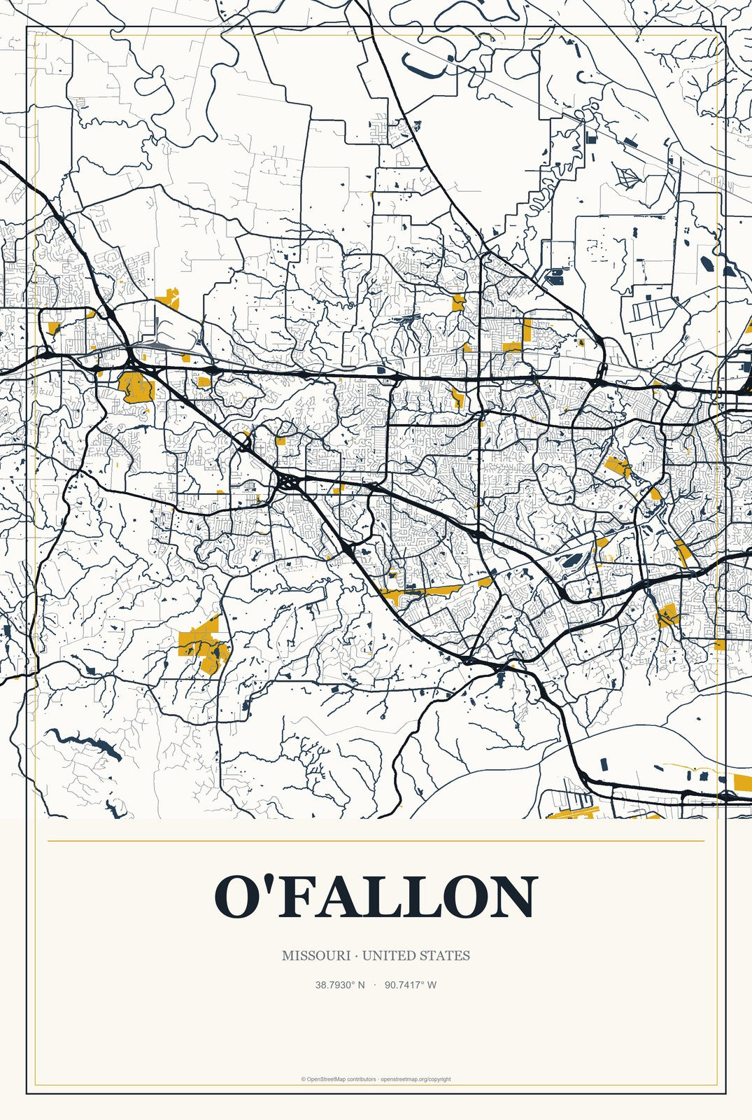 O'Fallon, Missouri City Map Aluminum Sign in Citrine Modern style