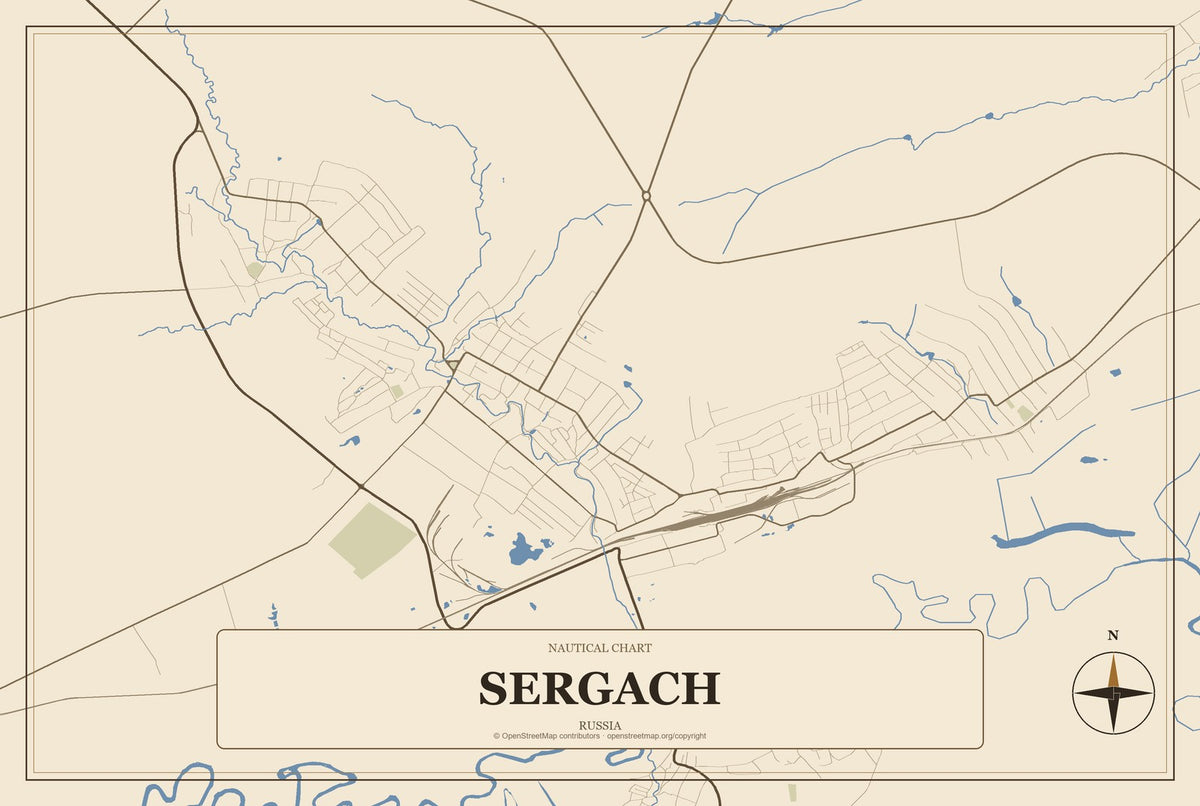 Sergach, Russia City Map Aluminum Sign in Heritage Nautical style