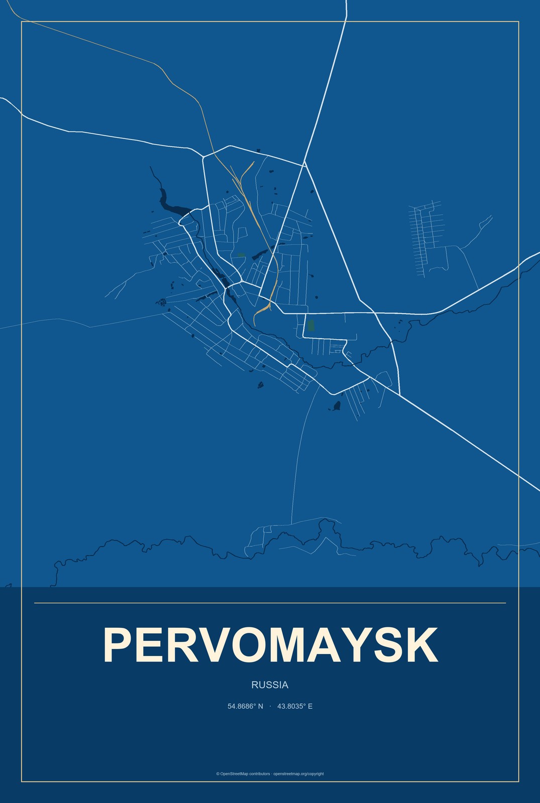 Pervomaysk, Russia City Map Aluminum Sign in Harbor Cobalt style