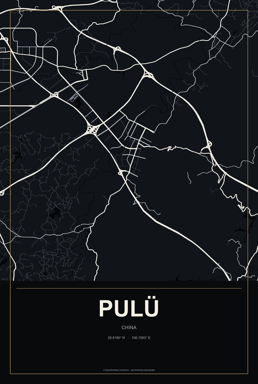 Pulü, China City Map Aluminum Sign in Metropolitan Noir style