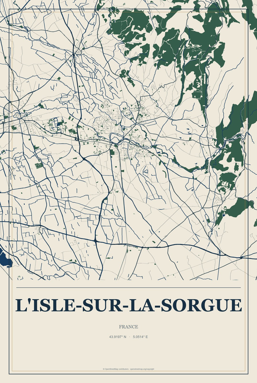 L'Isle-sur-la-Sorgue, France City Map Aluminum Sign in Coastal Cutout style
