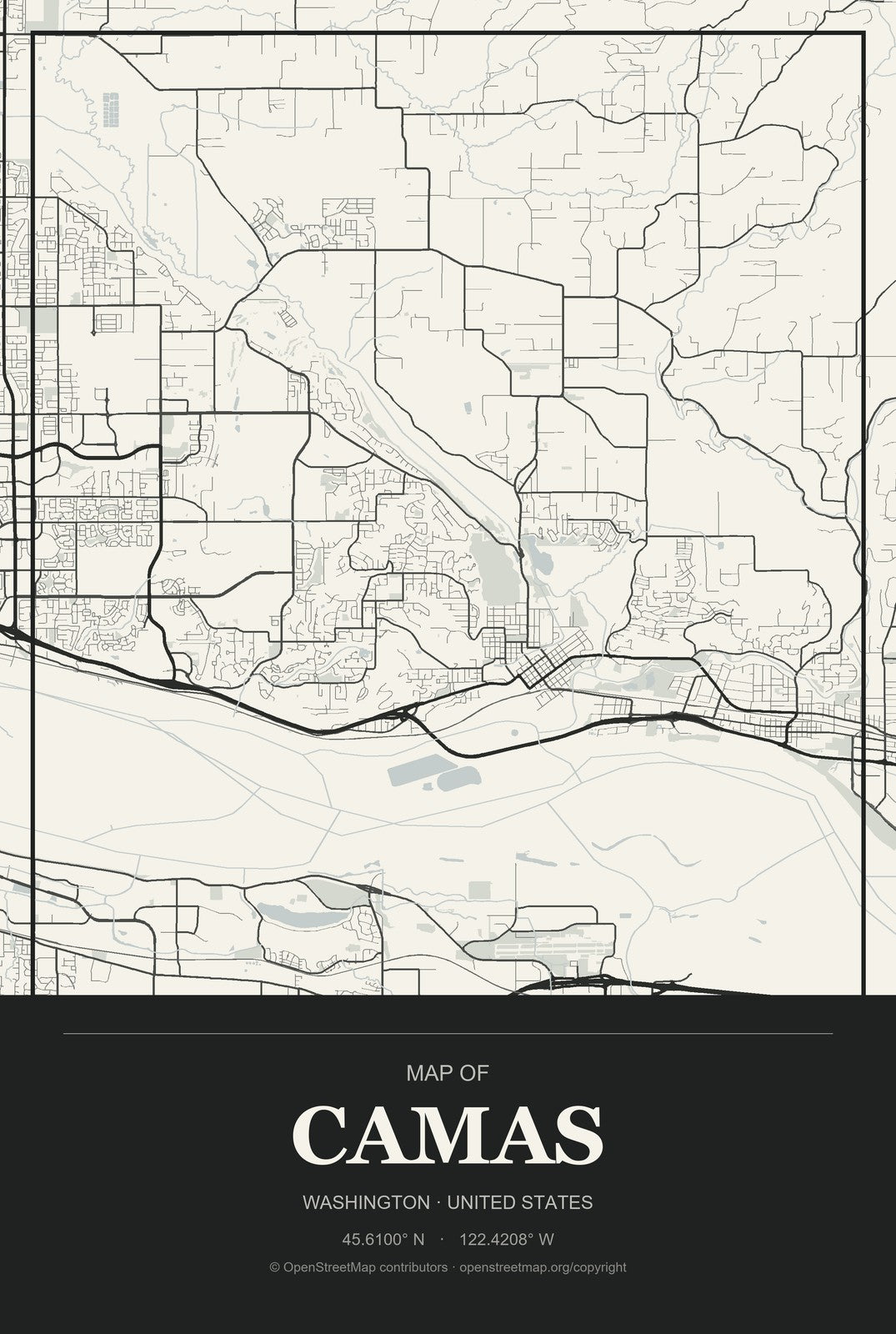Camas, Washington City Map Aluminum Sign in Museum Plaque style