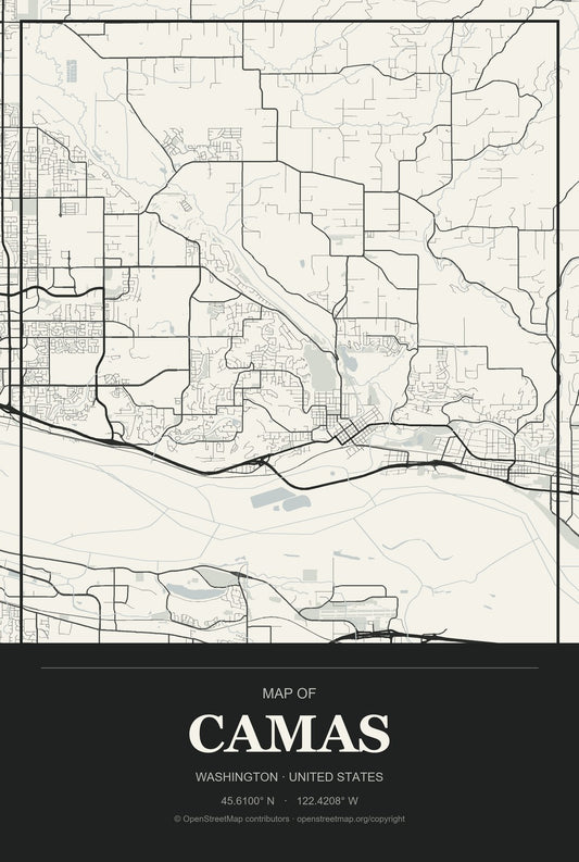 Camas, Washington City Map Aluminum Sign in Museum Plaque style