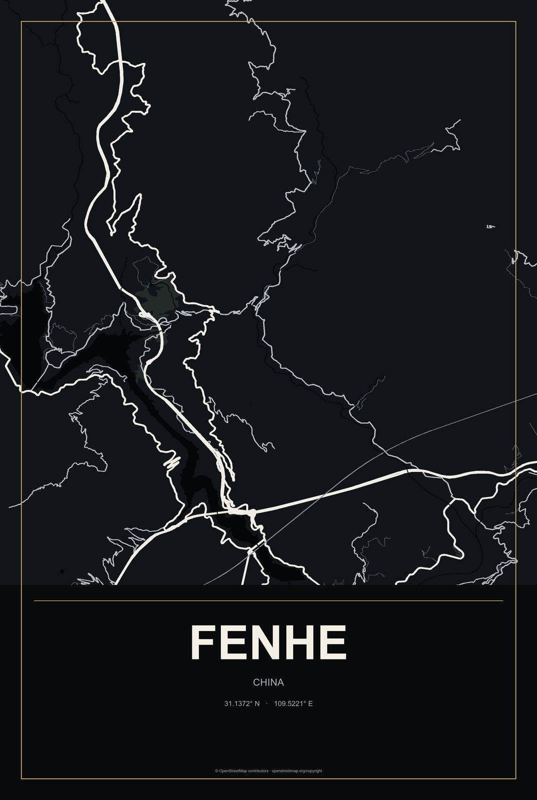 Fenhe, China City Map Aluminum Sign in Metropolitan Noir style