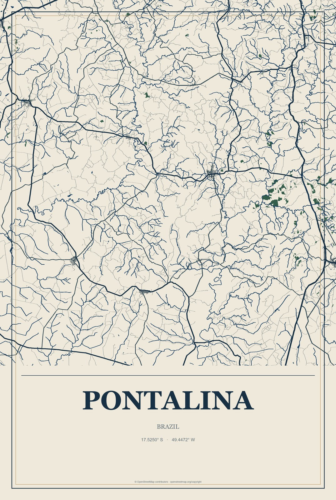 Pontalina, Brazil City Map Aluminum Sign in Coastal Cutout style